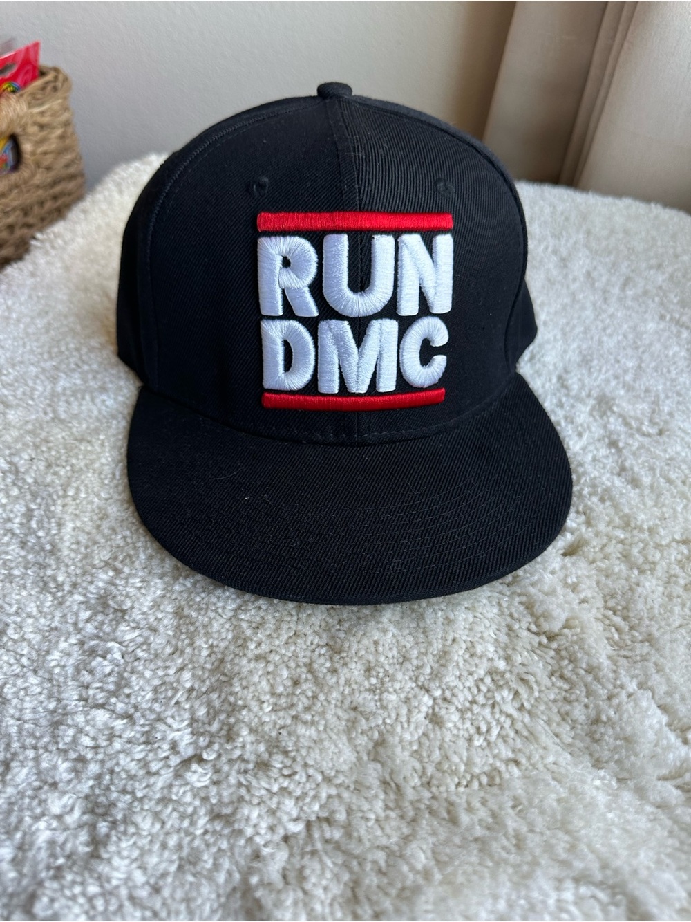 RUN DMC Black Snapback Cap with White & Red Logo